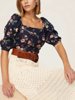 Ralph Lauren Navy Floral Square-Neck Puff Sleeve Blouse
